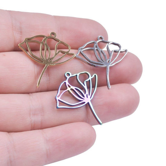 Изображение Нержавеющая Сталь Подвески Цветок Лотоса Разноцветный ажурная резьба 28мм x 25мм, 2 ШТ