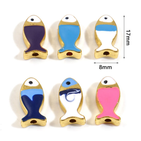 Immagine di Lega di Zinco Gioielli Oceanici Perline Pesce Oro Placcato Multicolore Smalto Circa 17mm x 8mm, Foro:Circa 1.6mm, 5 Pz