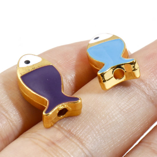 Immagine di Lega di Zinco Gioielli Oceanici Perline Pesce Oro Placcato Multicolore Smalto Circa 17mm x 8mm, Foro:Circa 1.6mm, 5 Pz