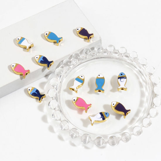 Immagine di Lega di Zinco Gioielli Oceanici Perline Pesce Oro Placcato Multicolore Smalto Circa 17mm x 8mm, Foro:Circa 1.6mm, 5 Pz