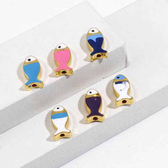 Immagine di Lega di Zinco Gioielli Oceanici Perline Pesce Oro Placcato Multicolore Smalto Circa 17mm x 8mm, Foro:Circa 1.6mm, 5 Pz