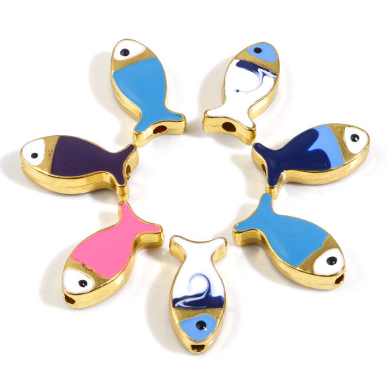 Immagine di Lega di Zinco Gioielli Oceanici Perline Pesce Oro Placcato Multicolore Smalto Circa 17mm x 8mm, Foro:Circa 1.6mm, 5 Pz