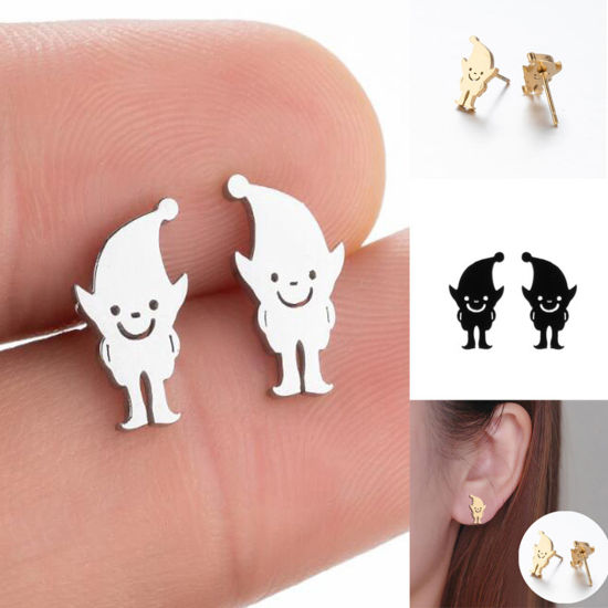 Picture of Stainless Steel Halloween Ear Post Stud Earrings Multicolor Pixie Elf Hollow 12mm x 7mm