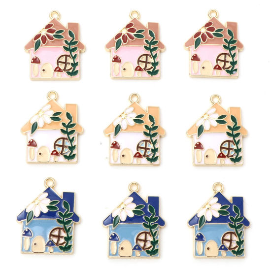 Bild von Zinklegierung Charms Haus Vergoldet Bunt Blumen Emaille 29mm x 24mm, 10 Stück