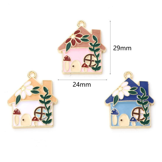 Bild von Zinklegierung Charms Haus Vergoldet Bunt Blumen Emaille 29mm x 24mm, 10 Stück