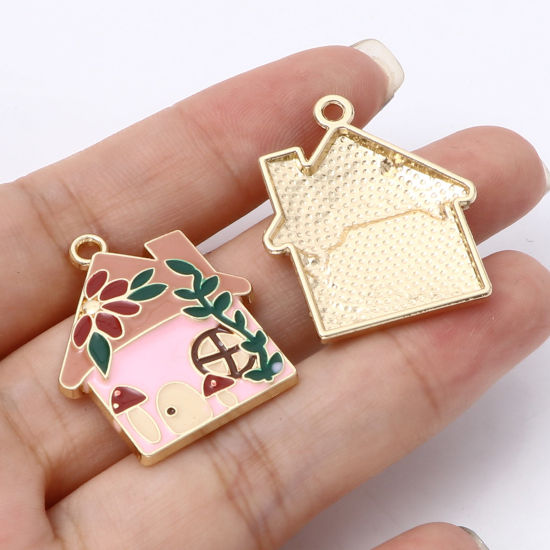 Bild von Zinklegierung Charms Haus Vergoldet Bunt Blumen Emaille 29mm x 24mm, 10 Stück