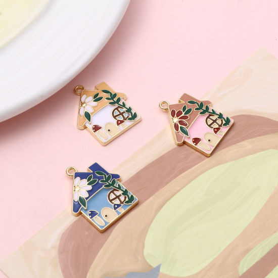 Bild von Zinklegierung Charms Haus Vergoldet Bunt Blumen Emaille 29mm x 24mm, 10 Stück