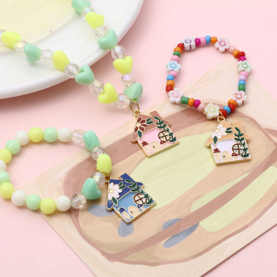 Bild von Zinklegierung Charms Haus Vergoldet Bunt Blumen Emaille 29mm x 24mm, 10 Stück