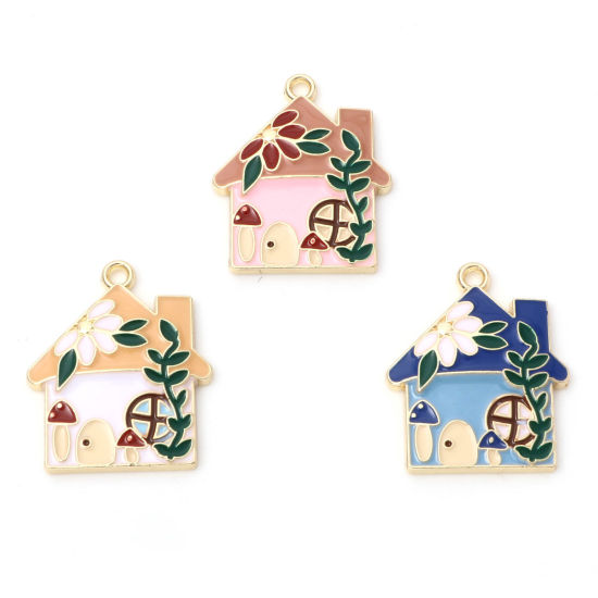 Bild von Zinklegierung Charms Haus Vergoldet Bunt Blumen Emaille 29mm x 24mm, 10 Stück