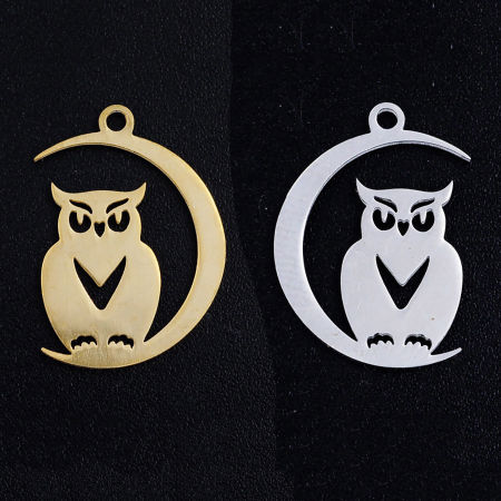 Stainless Steel Halloween Charms Multicolor Half Moon Owl 20mm x 14mm