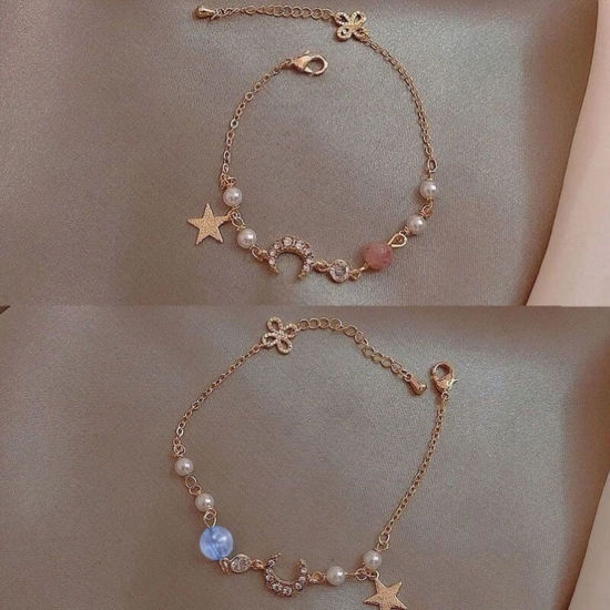 Picture of Galaxy Bracelets Gold Plated Multicolor Pentagram Star Moon Imitation Pearl Clear Rhinestone 16cm(6 2/8") long