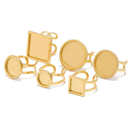 304 Stainless Steel Open Adjustable Rings Gold Plated Geometric Cabochon Settings 17.3mm(US Size 7)