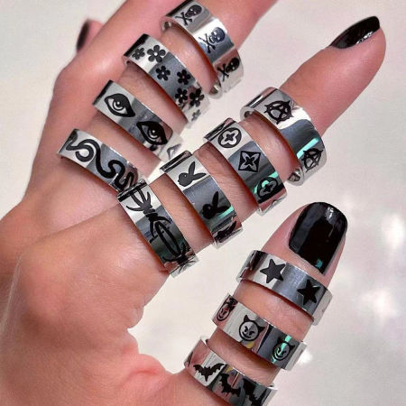 Hip-Hop Unadjustable Rings Silver Tone Black Enamel 18mm(US Size 7.75), 1 Piece