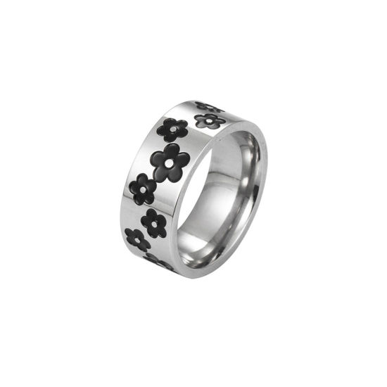 Bild von Hip-Hop Uneinstellbar Ring Silberfarbe Schwarz Emaille 18mm (US Größe 7.75), 1 Stück