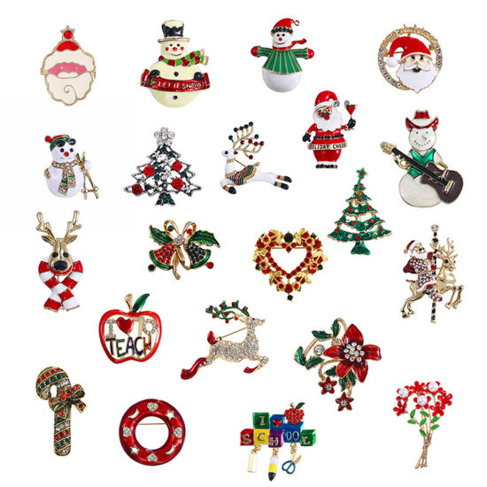 Imagen de Exquisito Pin Broches Papa Noél Navidad Muñeco de nieve Navidad Esmalte Multicolor Rhinestone 1 Unidad