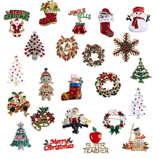 Imagen de Exquisito Pin Broches Papa Noél Navidad Muñeco de nieve Navidad Esmalte Multicolor Rhinestone 1 Unidad