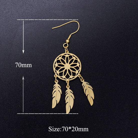 Immagine di Acciaio al titanio Orecchini a Perno Multicolore Acchiappa sogni Piuma Filigrana 7cm x 2cm, Posta / Filo Dimensione: (20 misura), 1 Paio