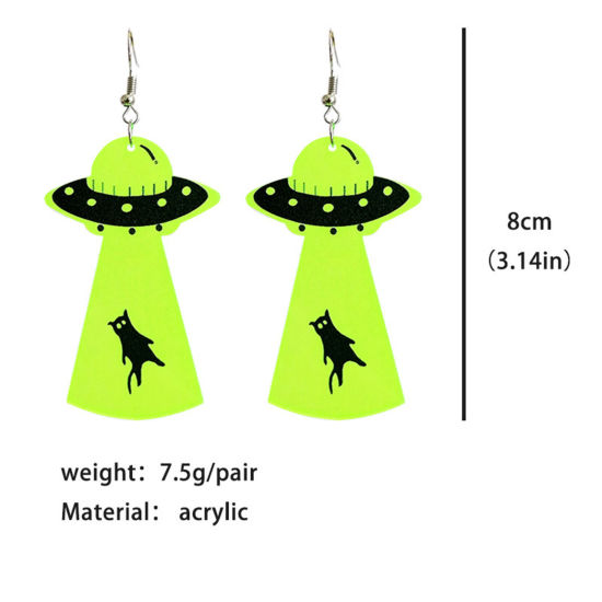 Picture of Acrylic Halloween Ear Wire Hook Earrings Silver Tone Black & Green Alien Skeleton Skull Fluorescence