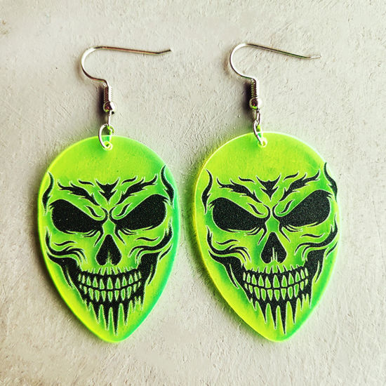 Picture of Acrylic Halloween Ear Wire Hook Earrings Silver Tone Black & Green Alien Skeleton Skull Fluorescence