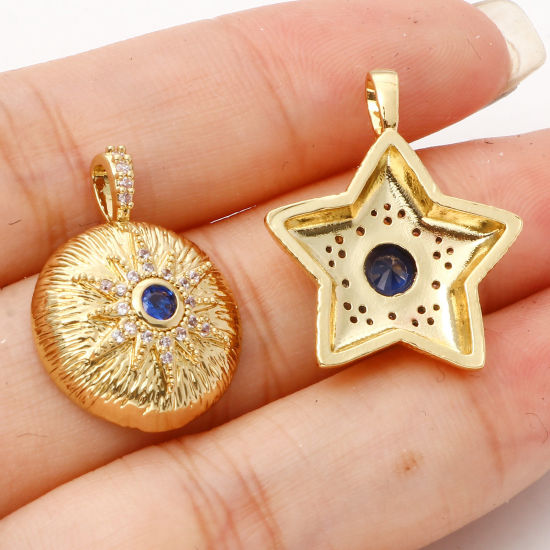 Изображение Латунь Бижутерия усыпанная мелким фианит Подвески Позолоченный Прозрачный & Синий Искусственный Циркон 1 ШТ