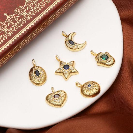 Изображение Латунь Бижутерия усыпанная мелким фианит Подвески Позолоченный Прозрачный & Синий Искусственный Циркон 1 ШТ