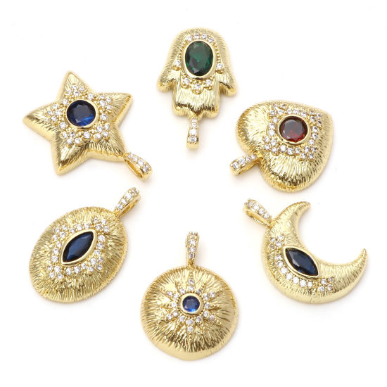 Изображение Латунь Бижутерия усыпанная мелким фианит Подвески Позолоченный Прозрачный & Синий Искусственный Циркон 1 ШТ