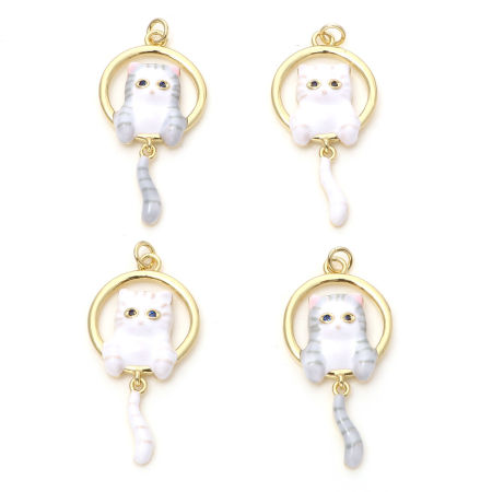 Picture of Brass Pendants Gold Plated Cat Animal Enamel Black Rhinestone 3.3cm x 1.6cm