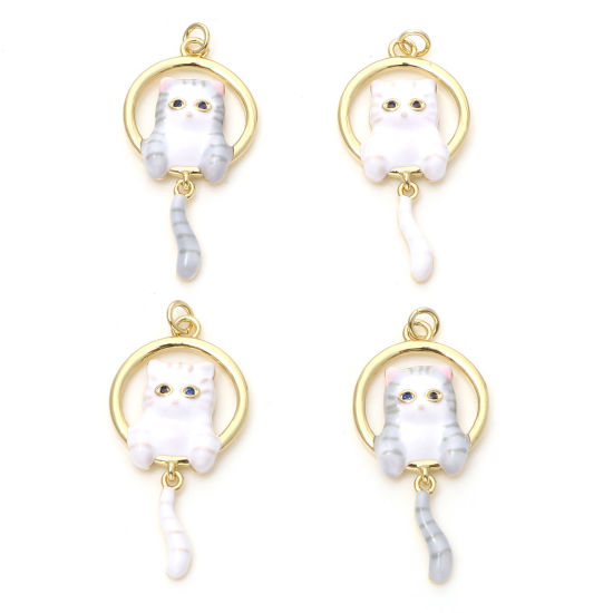 Image de Pendentifs en Laiton Doré Chat Émail à Strass Noir 3.3cm x 1.6cm, 1 Pièce