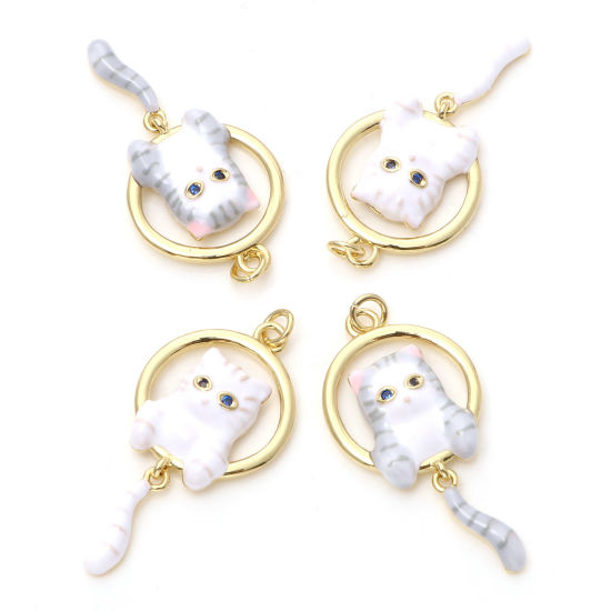 Image de Pendentifs en Laiton Doré Chat Émail à Strass Noir 3.3cm x 1.6cm, 1 Pièce