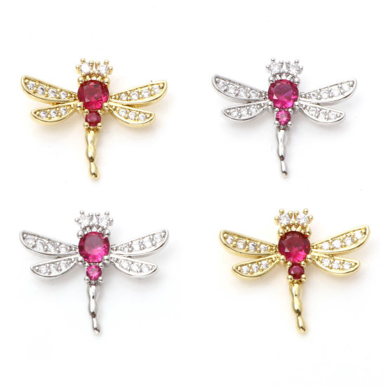 Image de Breloques Micro Pave en Laiton Multicolore Libellule à Zircone Cubique Clair & Rouge 24mm x 20mm, 1 Pièce