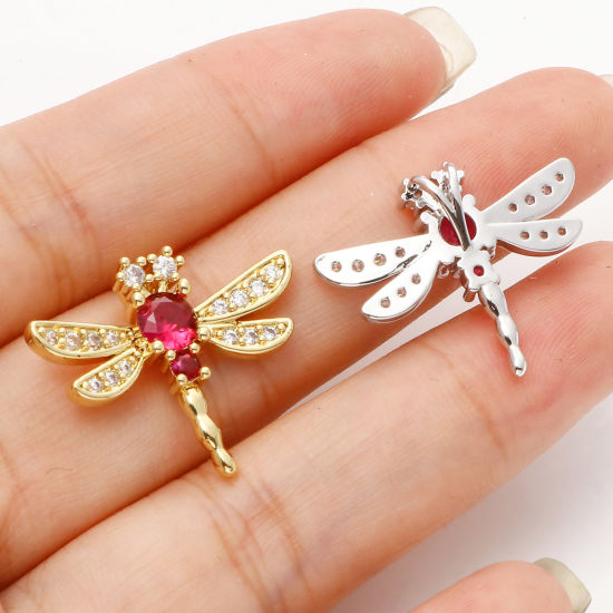 Image de Breloques Micro Pave en Laiton Multicolore Libellule à Zircone Cubique Clair & Rouge 24mm x 20mm, 1 Pièce