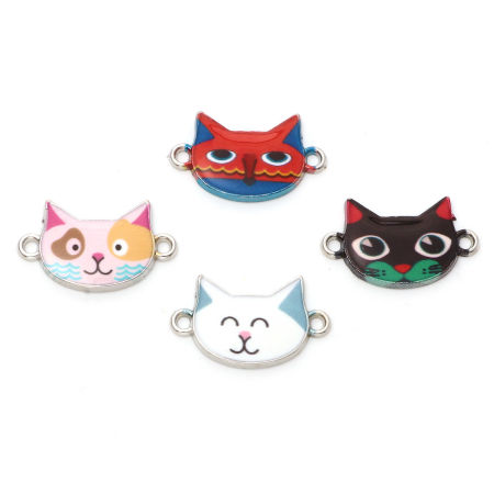 Picture of Zinc Based Alloy Connectors Cat Animal Silver Tone Multicolor Enamel 22mm x 13mm