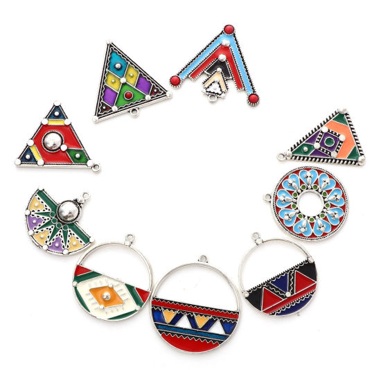Bild von Zinklegierung Ethnisch Anhänger Antiksilber Bunt Emaille 5 Stück