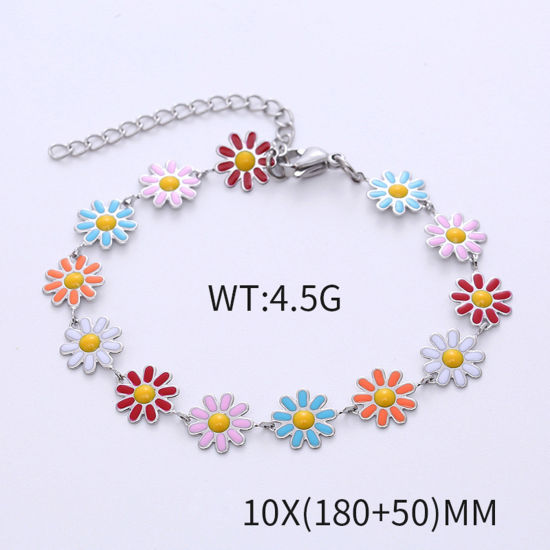 Imagen de 304 Acero Inoxidable Elegante Pulseras Multicolor Flor Esmalte 18cm longitud, 1 Unidad