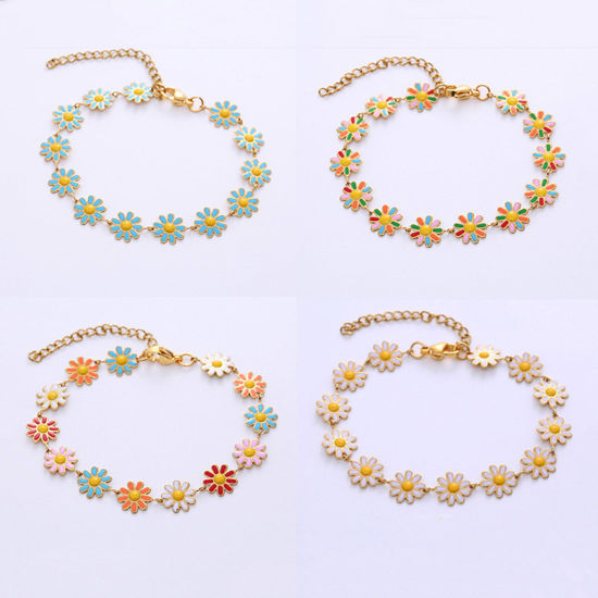 Imagen de 304 Acero Inoxidable Elegante Pulseras Multicolor Flor Esmalte 18cm longitud, 1 Unidad