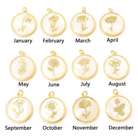 Natural Shell & Brass Birth Month Flower Charms Round Real Gold Plated White 28mm x 22mm