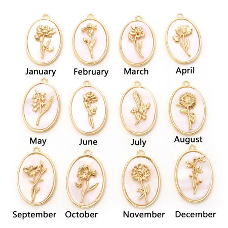 Natural Shell & Brass Birth Month Flower Charms Oval Real Gold Plated White 27mm x 18mm