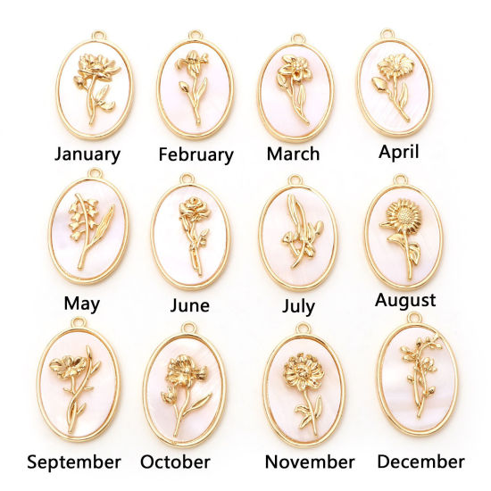 Picture of Natural Shell & Brass Birth Month Flower Charms Oval Real Gold Plated White 27mm x 18mm