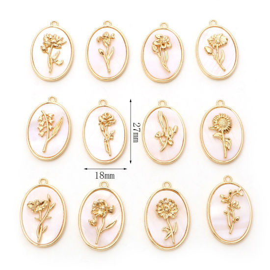 Picture of Natural Shell & Brass Birth Month Flower Charms Oval Real Gold Plated White 27mm x 18mm