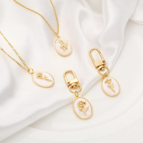 Picture of Natural Shell & Brass Birth Month Flower Charms Oval Real Gold Plated White 27mm x 18mm