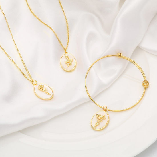 Picture of Natural Shell & Brass Birth Month Flower Charms Oval Real Gold Plated White 27mm x 18mm