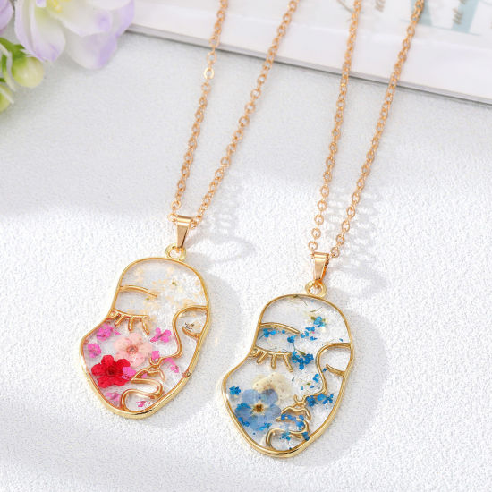 Picture of Resin Handmade Resin Jewelry Real Flower Pendant Necklace Gold Plated Multicolor Face Flower 50cm(19 5/8") long