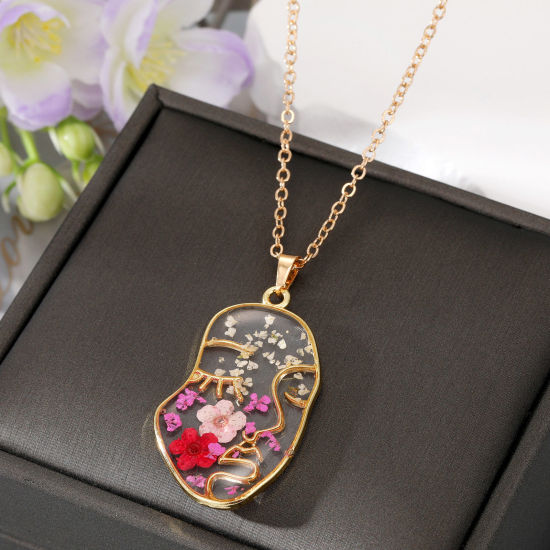 Picture of Resin Handmade Resin Jewelry Real Flower Pendant Necklace Gold Plated Multicolor Face Flower 50cm(19 5/8") long