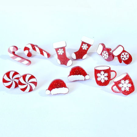 Acrylic Christmas Ear Post Stud Earrings Silver Tone White & Red Christmas Snowflake