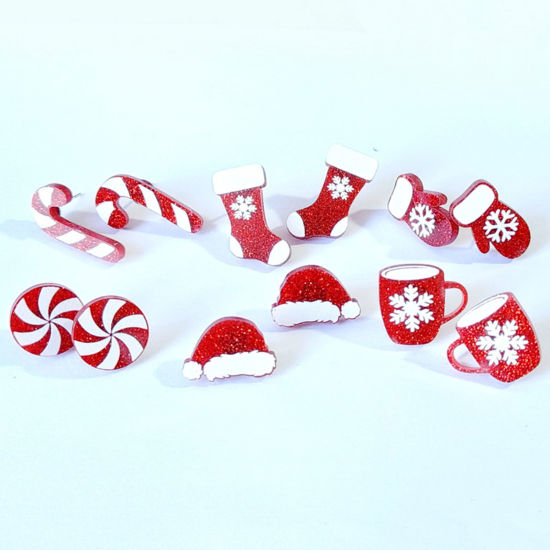 Picture of Acrylic Christmas Ear Post Stud Earrings Silver Tone White & Red Christmas Snowflake