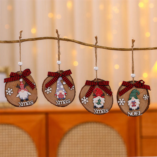 Image de Panneau de signalisation rond en bois décoration suspendue elfe de gnome sans visage de Noël
