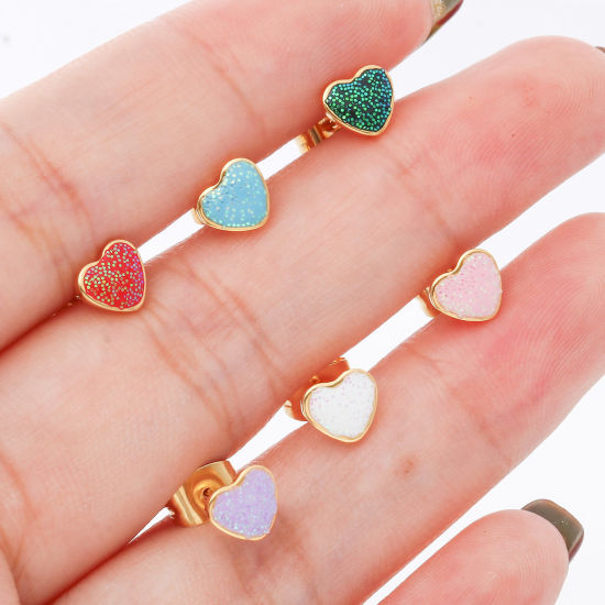 Picture of 316 Stainless Steel Valentine's Day Ear Post Stud Earrings Gold Plated Multicolor Glitter Heart Enamel 6.3mm x 5.6mm