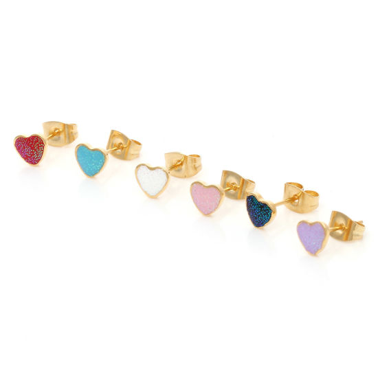 Picture of 316 Stainless Steel Valentine's Day Ear Post Stud Earrings Gold Plated Multicolor Glitter Heart Enamel 6.3mm x 5.6mm
