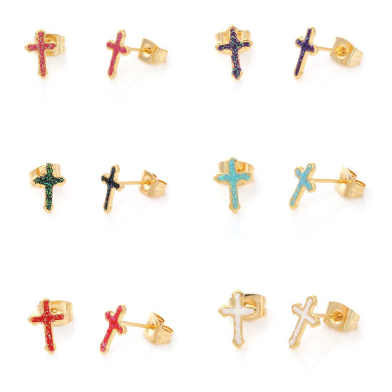 Immagine di 316 Acciaio inossidabile Religione Orecchini a Perno Oro Placcato Multicolore Brillio Croce Smalto 9.7mm x 6.6mm, Posta / Filo Dimensione: (21 misura), 1 Paio