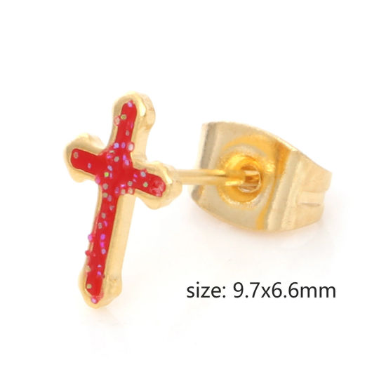 Immagine di 316 Acciaio inossidabile Religione Orecchini a Perno Oro Placcato Multicolore Brillio Croce Smalto 9.7mm x 6.6mm, Posta / Filo Dimensione: (21 misura), 1 Paio